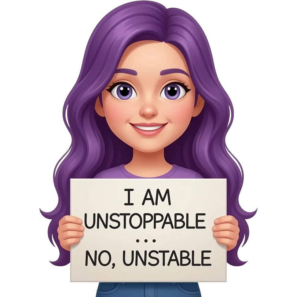 girl with long purple hair with a I AM UNSTOPPABLE... NO, UNSTABLE sign emoji