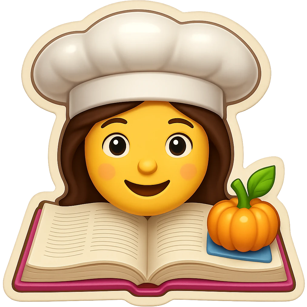 A woman chef with a chef hat on top of a cookbook, in vibrant colors and clear details, emoji style with no background. emoji
