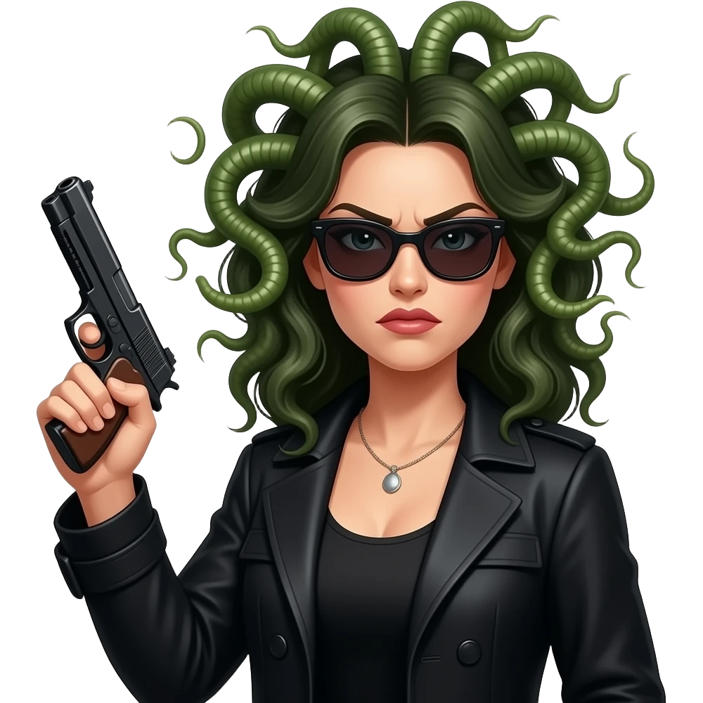 Angry beautiful female Medusa in black coat with sunglasses holding gun emoji