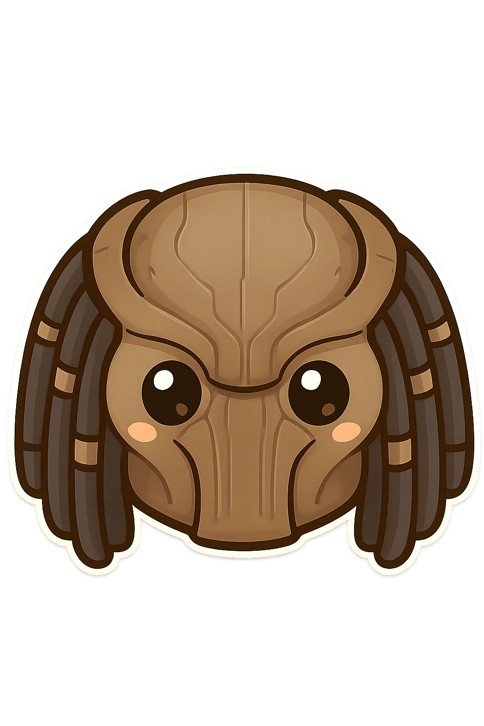 Chibi Yautja (Predator) mask with a happy expression, simplified and bold for emoji use, clear outline, minimal detail, large eyes, no background emoji