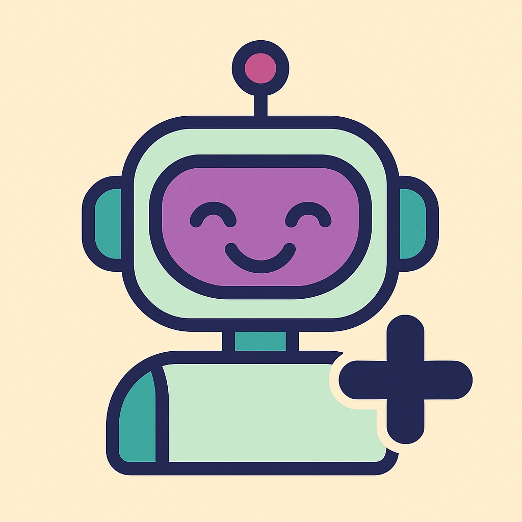 minimal robot avatar with smiling face and large plus sign, Slack-inspired colors, suitable for Slack profile icon, modern and simple emoji