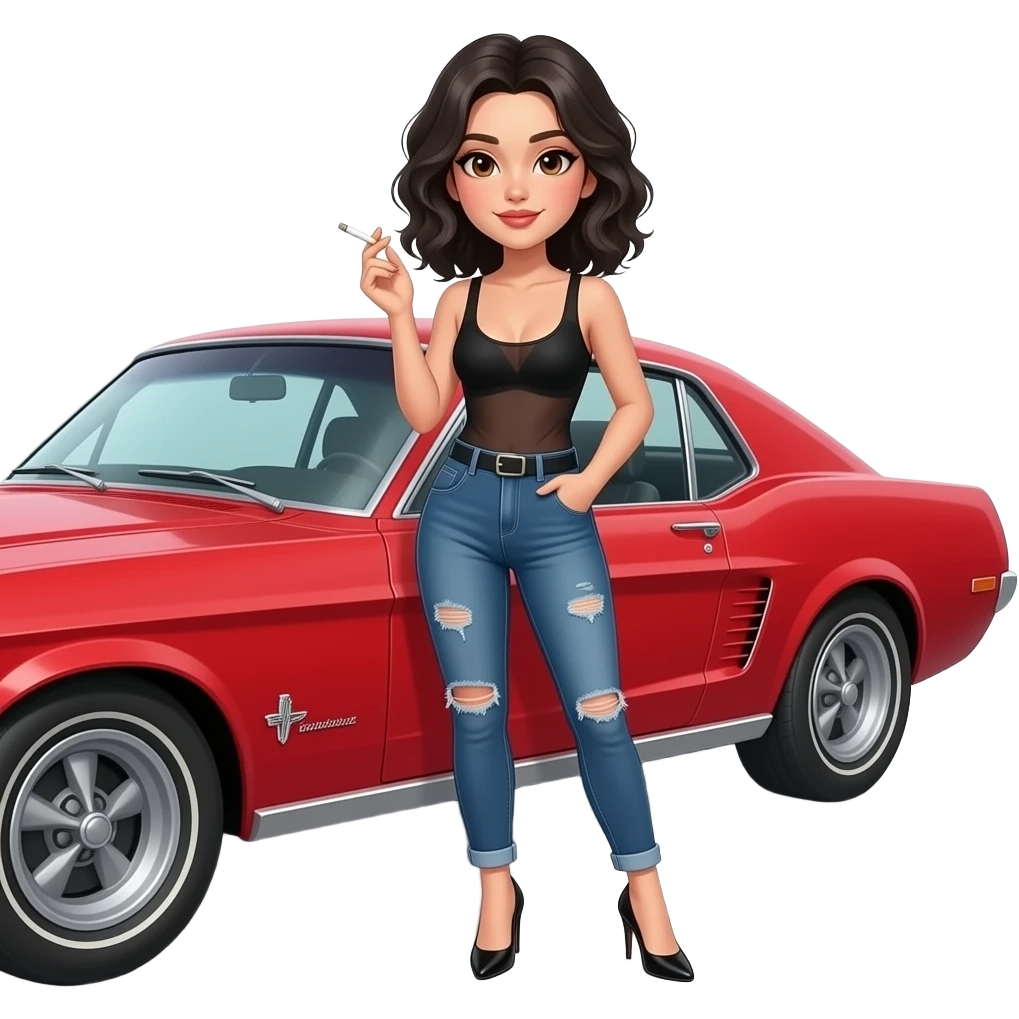 Pale girl with black wavy hair and brown eyes backed against a red ford mustang 1968 coupe. Girl wearing a sheer black sleeveless top, low rounded neckline, jeans and heels with visible toes. smoking cigarette. emoji