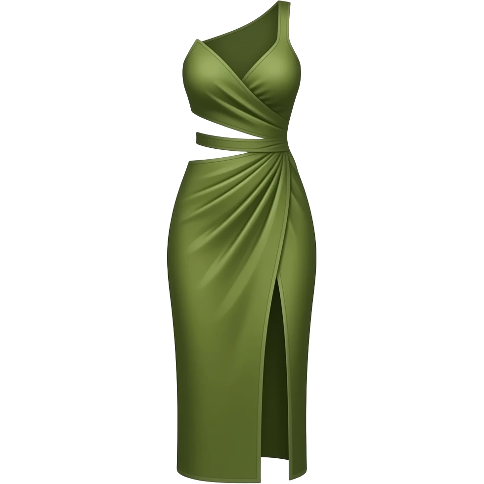 iOS style highly editorial and sculptural A draped olive green wrap dress with multiple abdominal cutouts, a high leg slit emoji