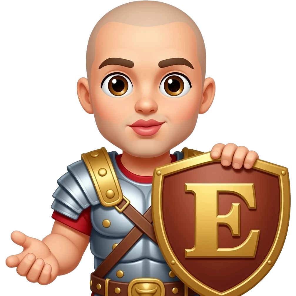 Muscular Roman soldier bald with brown eyes blowing a kiss the Letter E on the shield emoji
