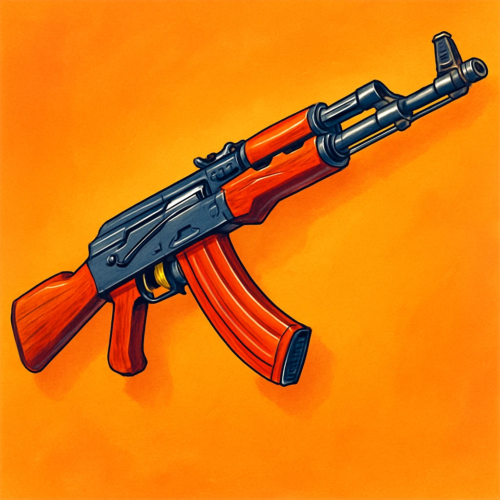 Сгенерируй мне АК 47 в чуть рисованном стиле, ярко объемно и красочно! на однородном фоне emoji