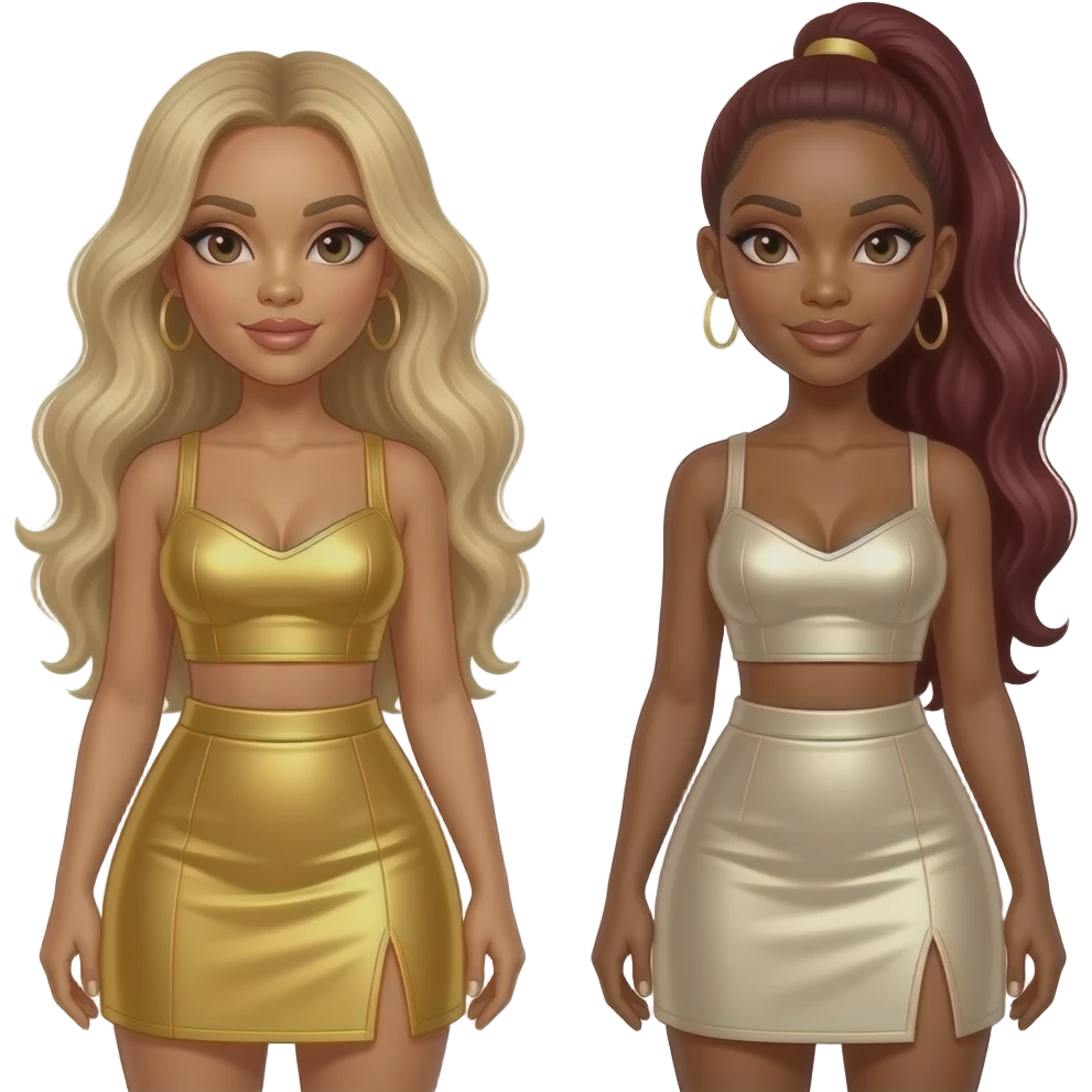 Destiny's Child with Beyonce with long blonde hair, gold crop top and skirt, LaTavia with long dark red ponytail hair, ivory metallic crop top and skirt emoji