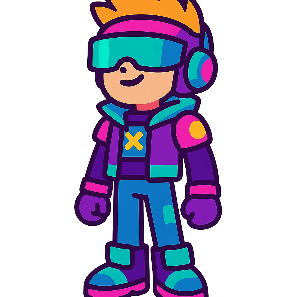PK XD character, futuristic outfit, bright colors, cartoon style emoji