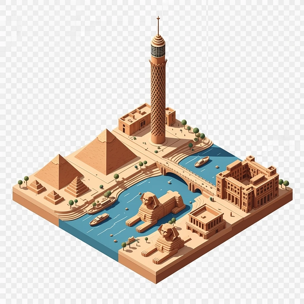 Isometric minimalistic illustration of Cairo - Pyramids of Giza, Sphinx, Cairo Tower, Nile riverbanks, subtle 3D miniature effect and Tilt Shift effect, no cartoonish look, transparent background. emoji