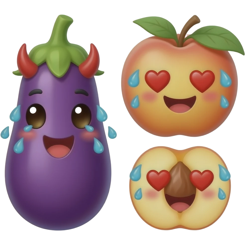 A glossy 3D eggplant and peach emoji sticker with tiny devil horns, heart eyes, sweat drops, cheeky spicy mood, cute exaggerated expressions, clean transparent background, soft shadow, high quality, no text, no watermark, non-explicit emoji