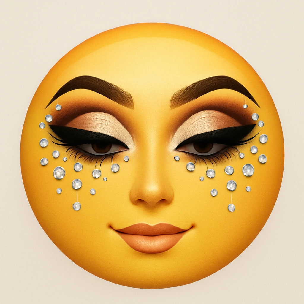 yellow face emoji with dramatic cut crease and gems emoji