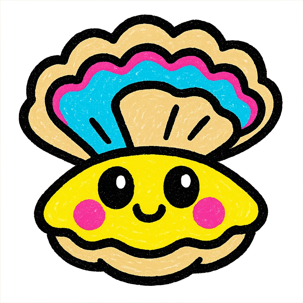 cute oyster, cream color, pink cheeks, doe eyes, greige shell, pop colors style emoji