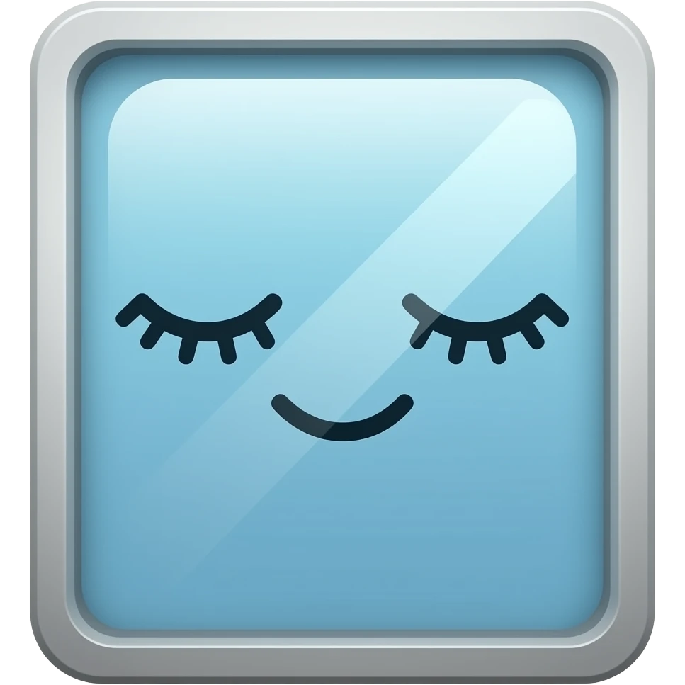 A rectangular glass window with a cute face with eyelashes emoji