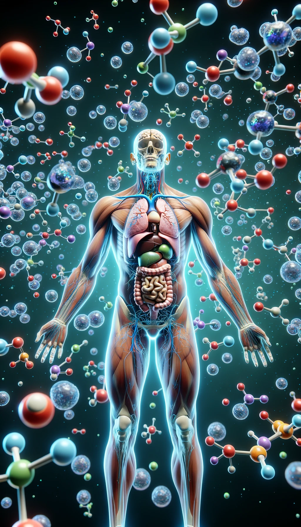 corpo umano anatomico circondato da molecole di dopamina che fluttuano in aria, iperrealistico 4k emoji