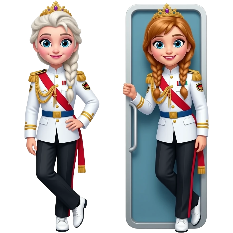 Elsa and Anna from disney frozen movie are same wearing gold tiara white military tunic arm badge shoulder cord medal red sash blue belt black trouser with both side red stripe white shoes and they both lean out of kolkata Indian suburban passenger train door add bidhannagar road West Bengal India emoji