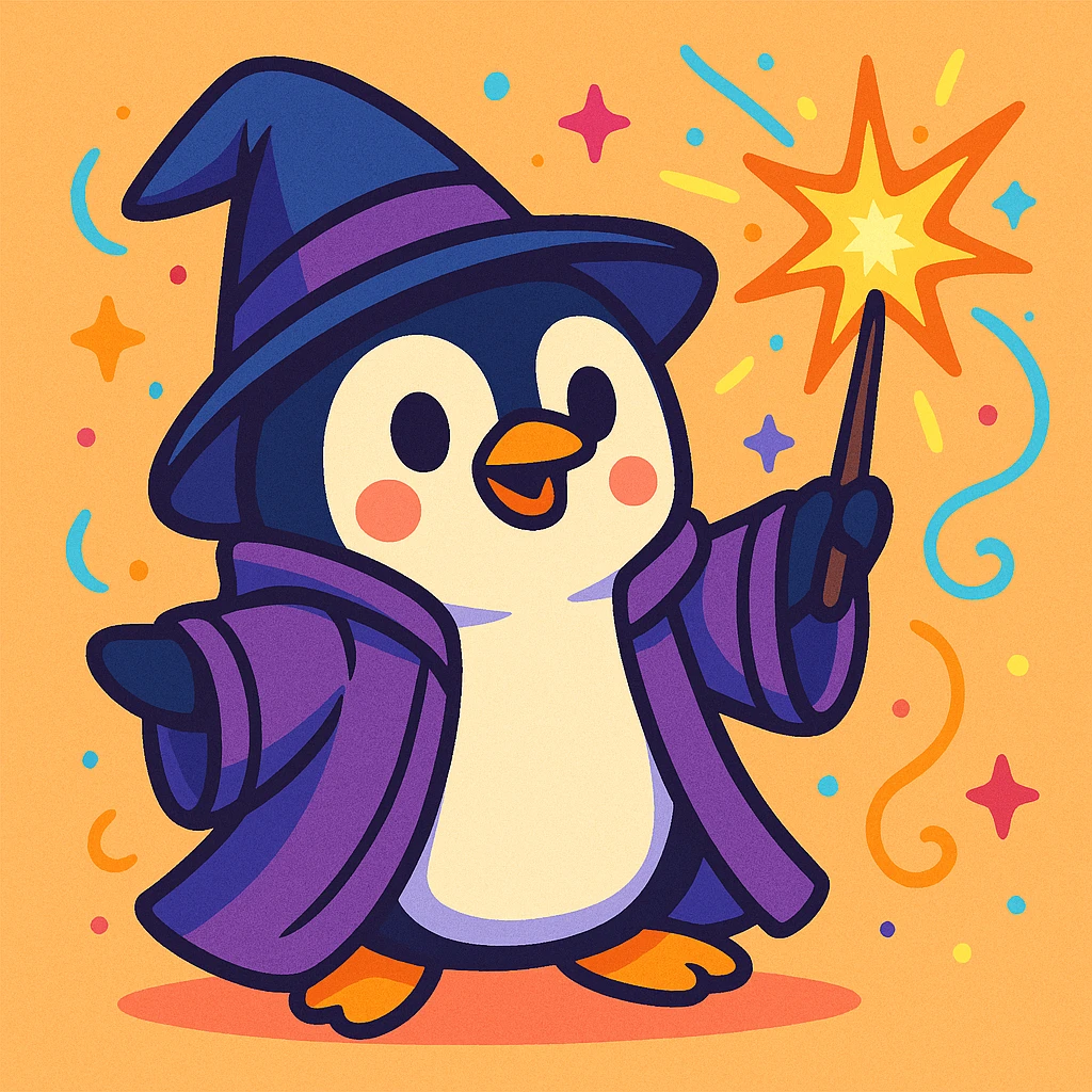 a cute penguin wizard casting a spell, wearing a robe and holding a wand, in a colorful cartoon style emoji