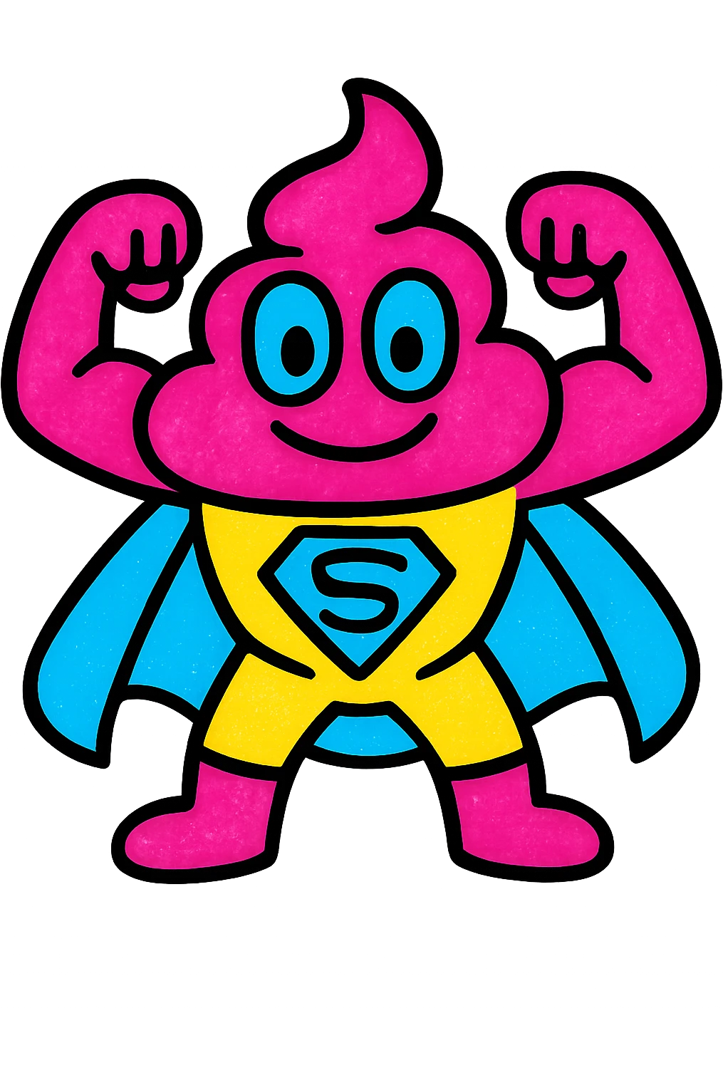 poop man superhero, flexing muscles, bold colors, vibrant and bold color style emoji