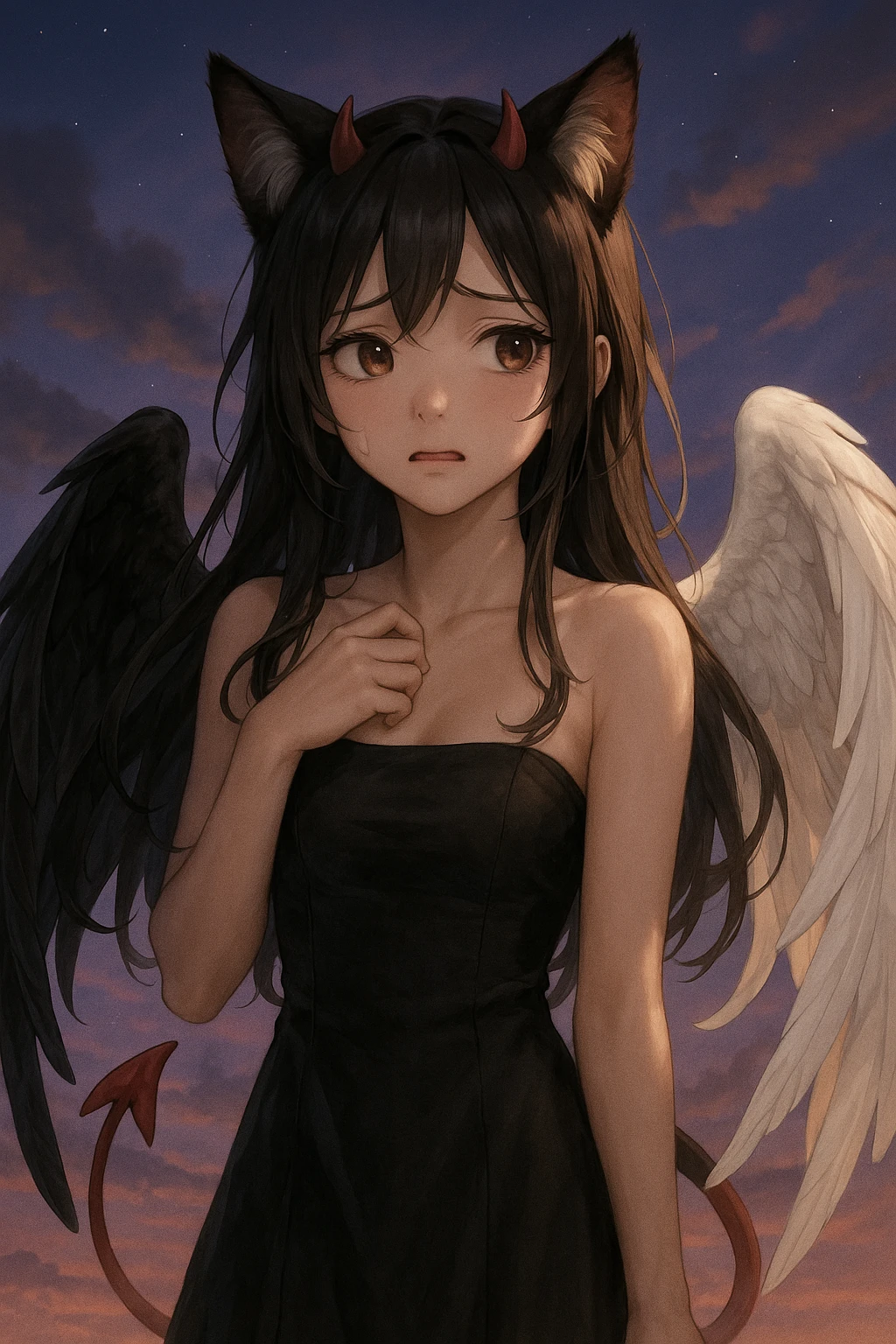 realistic anime catgirl devil with angelic contrast, one black wing and one white, conflicted expression, twilight sky emoji