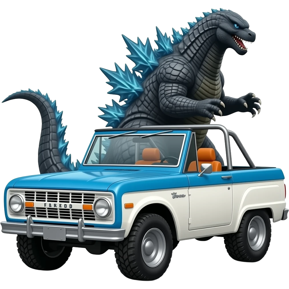 Godzilla behind 1967 convertible ford bronco with two tone paint, blue on hood, blue and white on sides, and orange interior. Convertible with no top but with full roll cage emoji