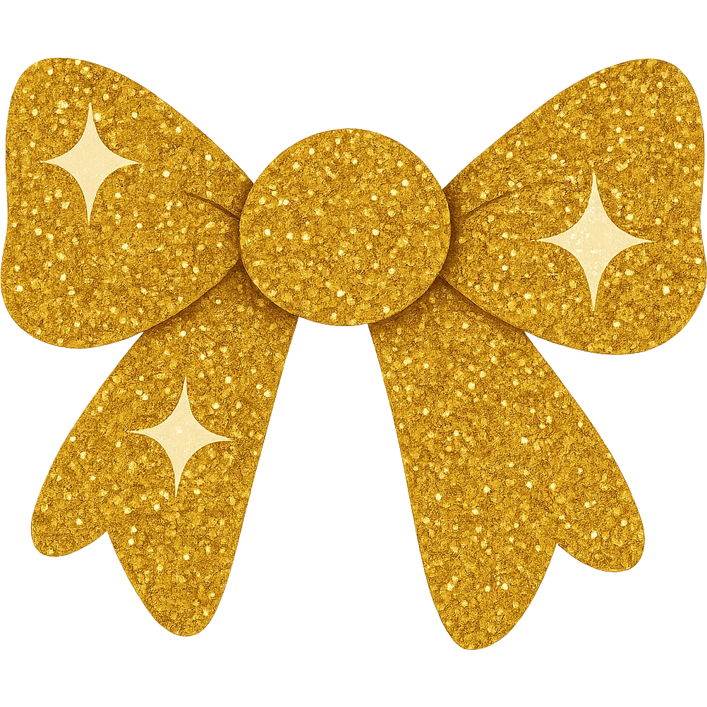 Make the sparkling bow gold glitter with glitter details, playful and stylish, no background. Highlight the glitter details and playful style with gold glitter texture. emoji