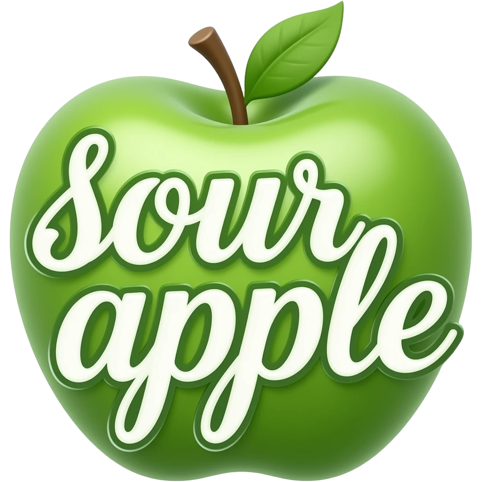 green calligraphic letters with a white border spelling "sourapple" over the letters is a heart-shaped green apple emoji