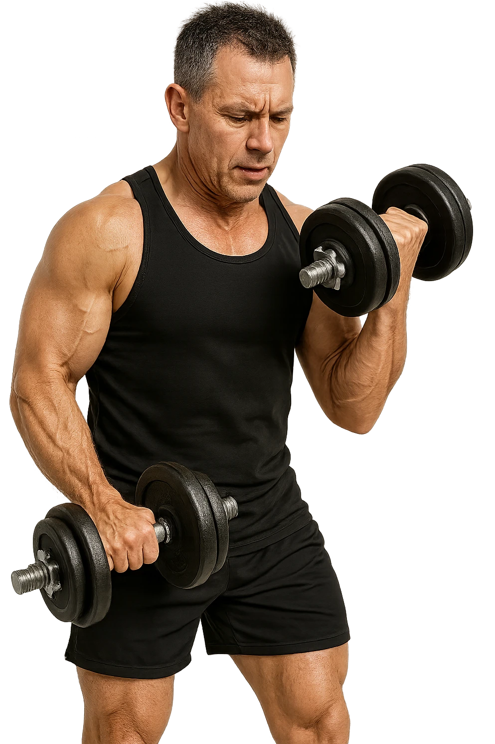 BODYBUILDER 50ENNE CHE HA MANUBRI DA PALESTRA IN MANO E SI ALLENA, ISOLATO SU SFONDO BIANCO emoji