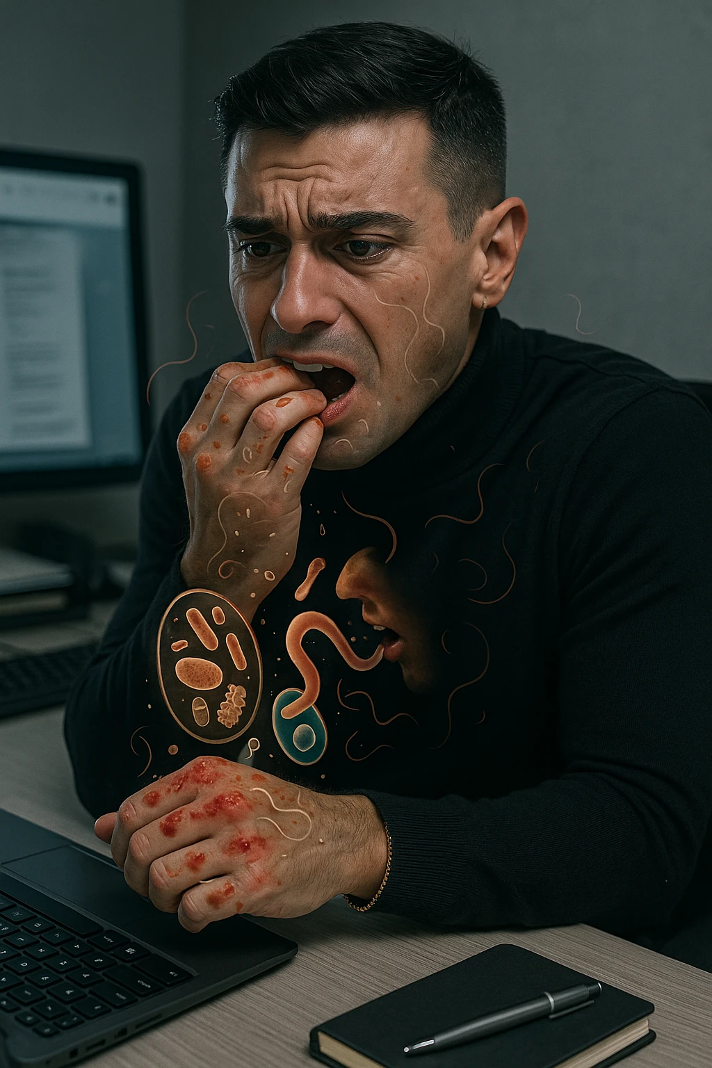 Anxious man at office desk unconsciously biting fingernails, microscopic overlay showing parasitic eggs and bacteria concentrated under nail beds, worms and microorganisms being consumed with each bite, expression of nervous habit unaware of contamination, computer screen reflecting his stress while he infects himself, fingertips raw and bleeding from chronic nail-biting, invisible parasite colonies entering his digestive system emoji