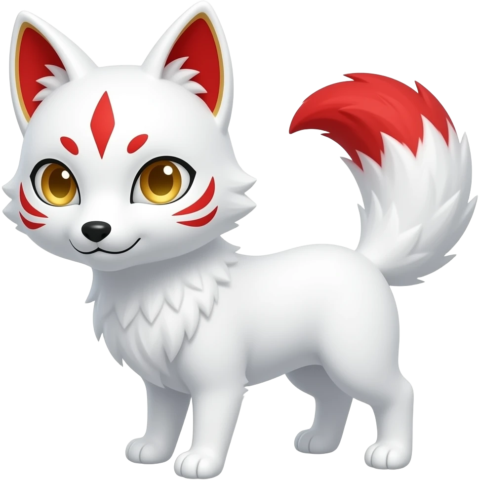 A pure white one-tailed kitsune (fox form,) with red accents, (one marking on each cheek, two markings each over its eyes and a single one on its forehead,) red on the insides of its ears, with gold markings inside of its ears,) and pale golden eyes. Pure white paws and a red tail tip. emoji
