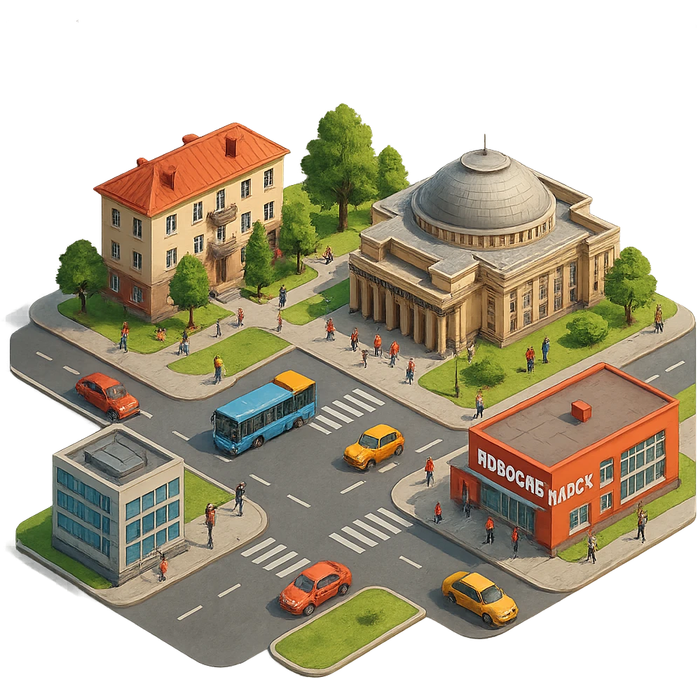 Изометричная миниатюрная фотореалистичная 3D модель Новосибирска, четкая детализация, яркие цвета, мультяшный реализм, люди, автотранспорт, компактная композиция, вид сверху в изометрии, прозрачный фон emoji