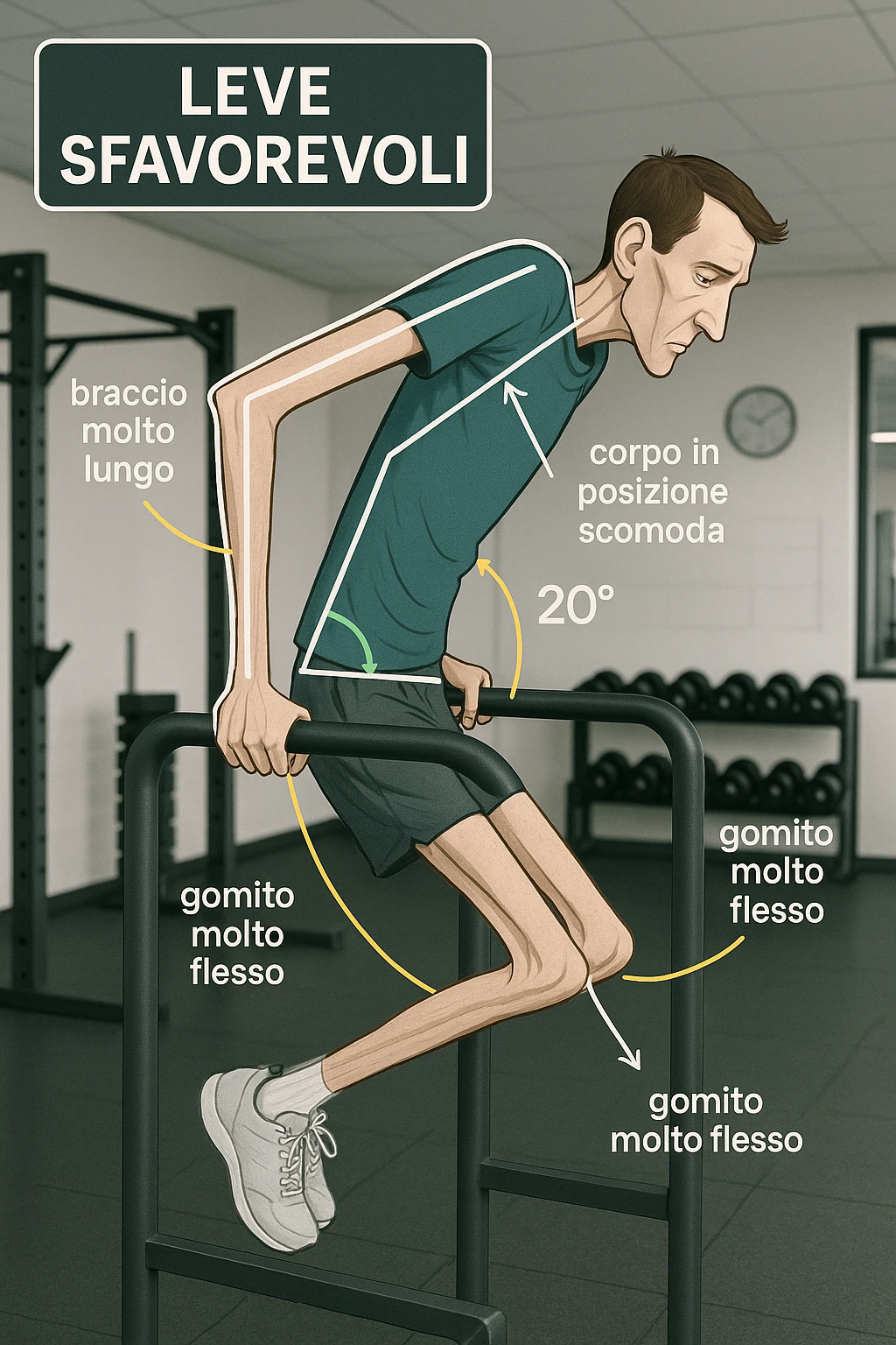 a tall, lean man with very long arms and a short torso attempts a dip on parallel bars. His elbows are deeply bent and his body appears awkwardly positioned, highlighting the mechanical disadvantage. An overlay shows anatomical lines and angles, with labels explaining “Leve Sfavorevoli” The background is a modern gym, with a focus on biomechanics. in italiano emoji