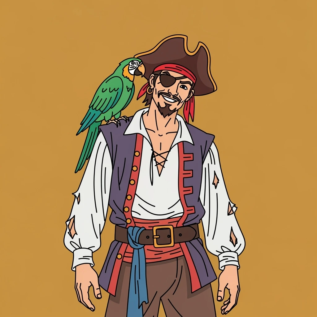 color vector art with thin outline of pirate with eye patch and parrot on shoulder  emoji