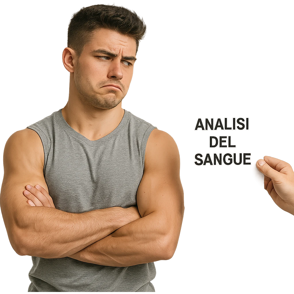 realistic young bodybuilder with a skeptical look, crossing arms and ignoring a paper with the text 'Analisi del sangue', atmosphere of refusal, Italian text, white background, 4K quality emoji