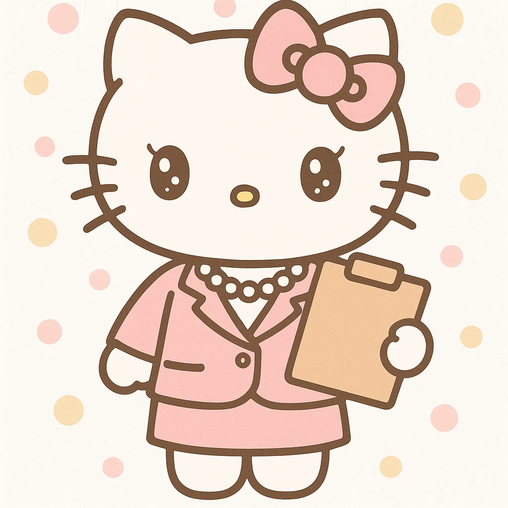 elegant businesswoman cat character in the Hello Kitty universe, pastel pink tailored suit, pearl necklace, holding a clipboard, soft cute features, kawaii style emoji