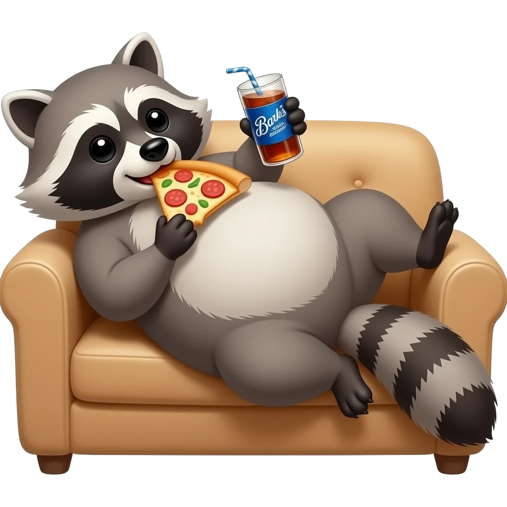 1 Raccoon with a fat belly, laying on couch, eating pizza, and drinking Barq’s root beer emoji
