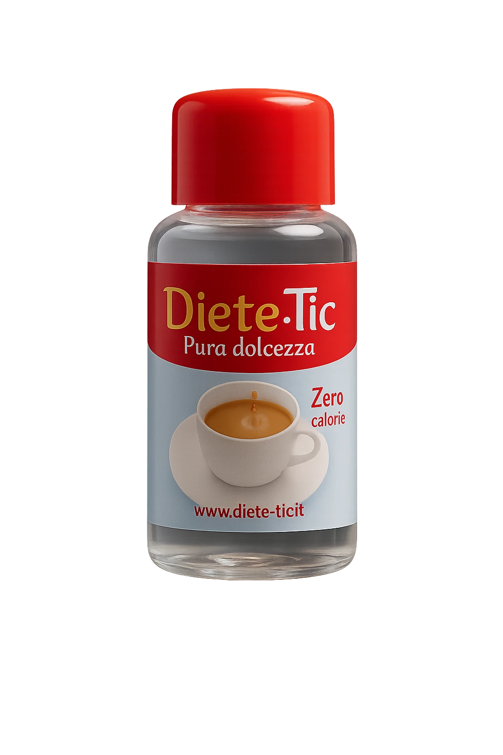 BOCCETTA DI DOLCIFICANTE LIQUIDO CON LA SCRITTA "DIETE-TIC" SULL'ETICHETTA FLUTTUA IN ARIA emoji
