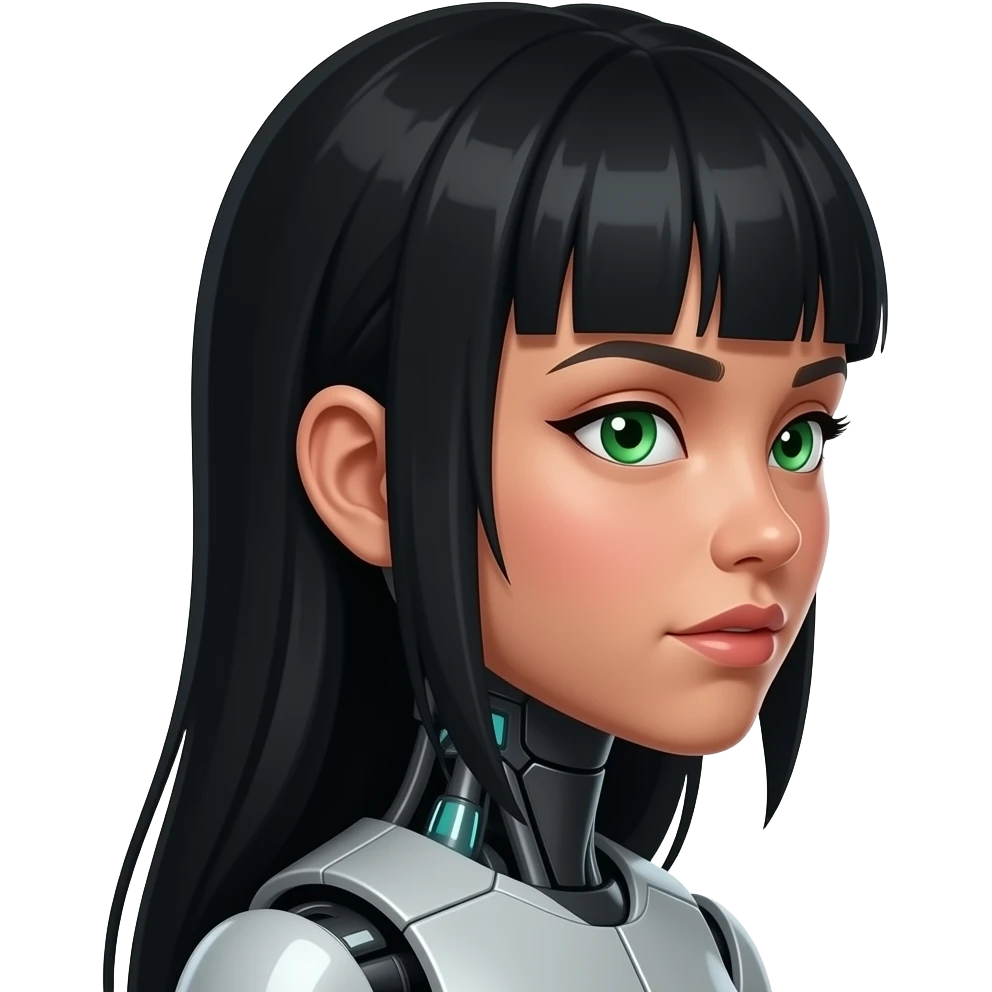very pretty robot girl with green eyes and long black hair over her ears redish cheecks and high heekbones with bangs with a longer face and olive skin  face should be turned to the side, emoji