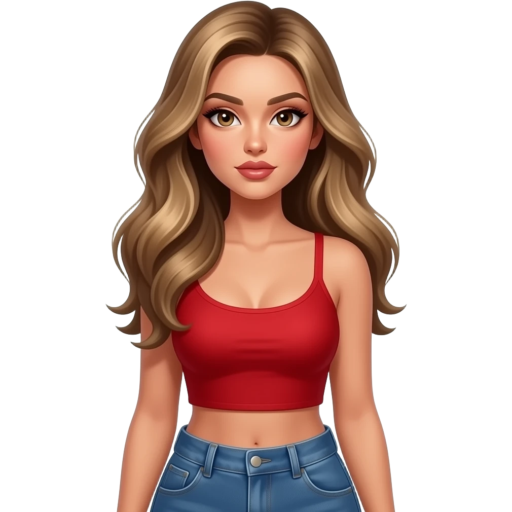 woman with tan glowy skin, hazel eyes almond with long lashes, softly arched brows, full lips, dark blonde flowing hair, delicate feminine sexy features, wearing a red crop top and blue low waist jeans, confident and femenine and glam makeup. Intense seductive look. SMART AND THINKING emoji