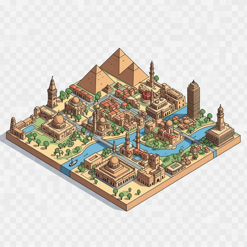 Isometric minimalistic illustration of Cairo, subtle 3D miniature effect and Tilt Shift effect, no cartoonish look, transparent background. emoji