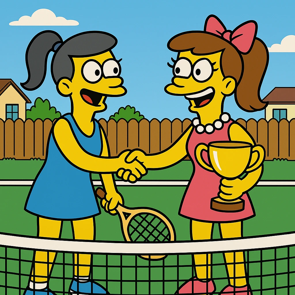  2 female tennis players standing on tennis courte. Congratulating each other shaking hands and smiling, one of them is holding a cup for winning.  emoji
