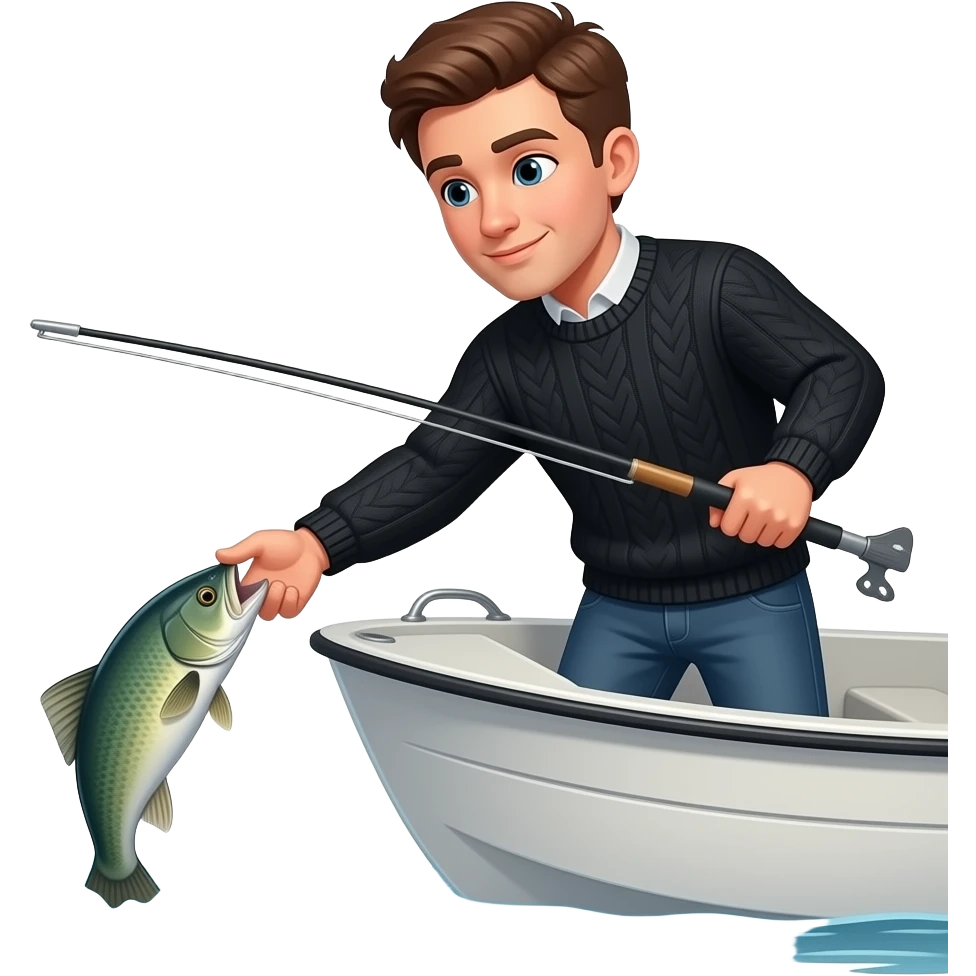 a guy that dropped his bass fish off the boat into the water hes wearing a black sweater emoji