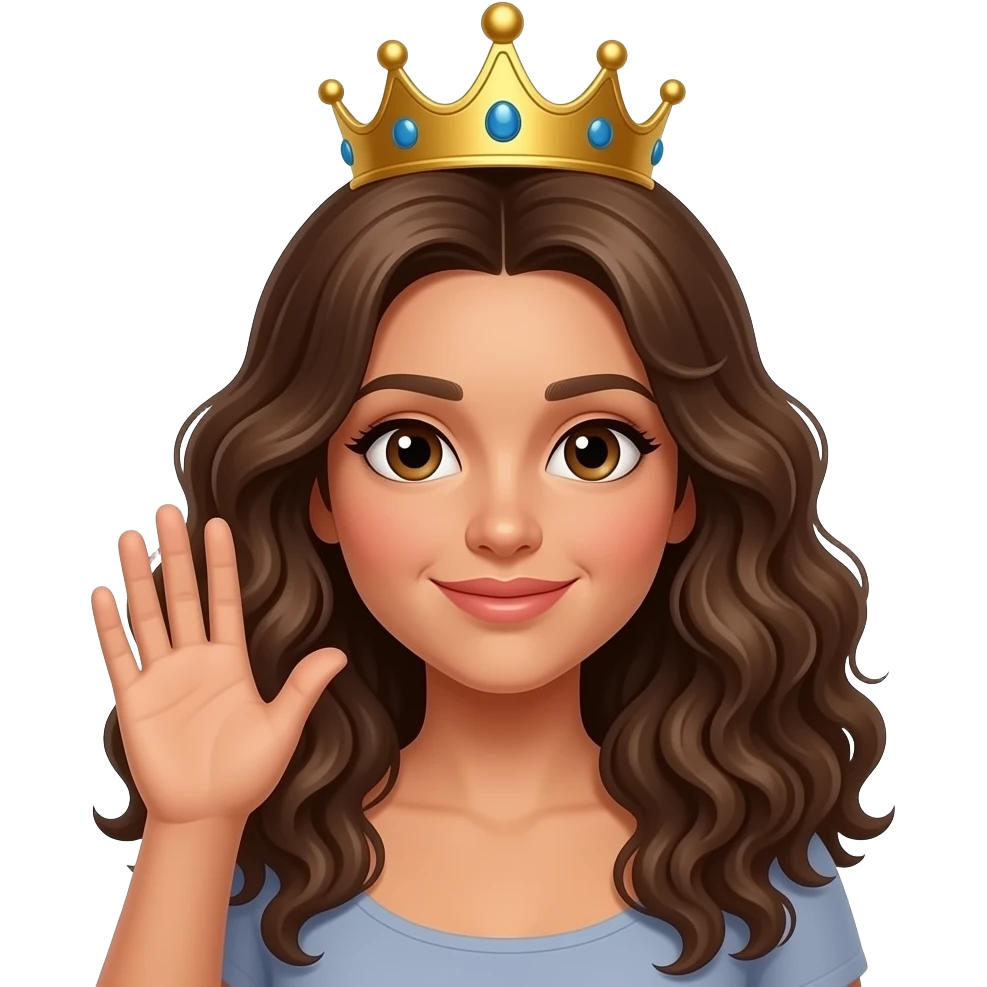 A woman with slightly tanned skin, long, curly brown hair, brown eyes, and a crown on her head, her hand raised as if to signal, like an emoticon on a mobile phone, against a transparent background. emoji