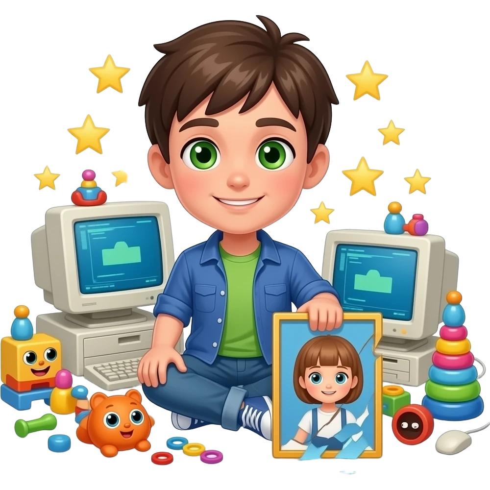 Teenage boy Green eyes with toys, computers, stars, around and foot on broken Doll emoji