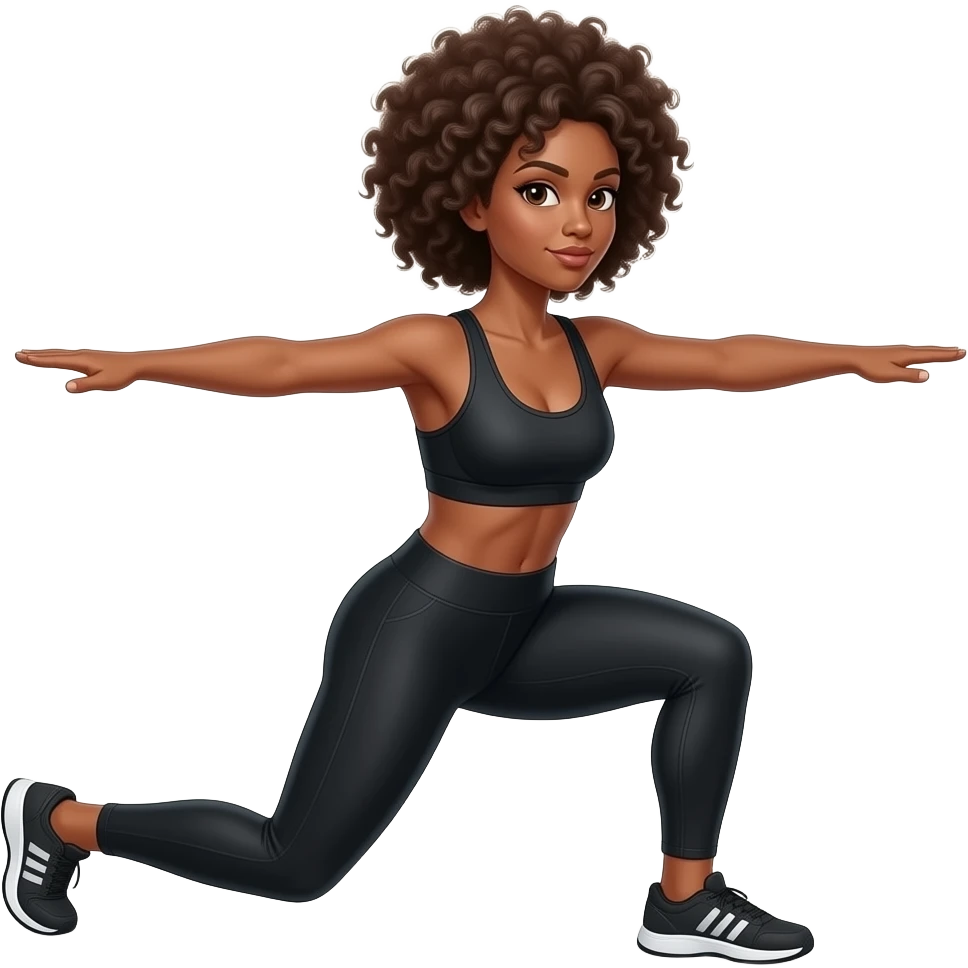 Light-brown Black woman, afro hair, wearing black sports bra and leggings, performing LUNGE Squat, full body, toned glutes and legs, strong posture, realistic fitness style, clean background, soft lighting. emoji