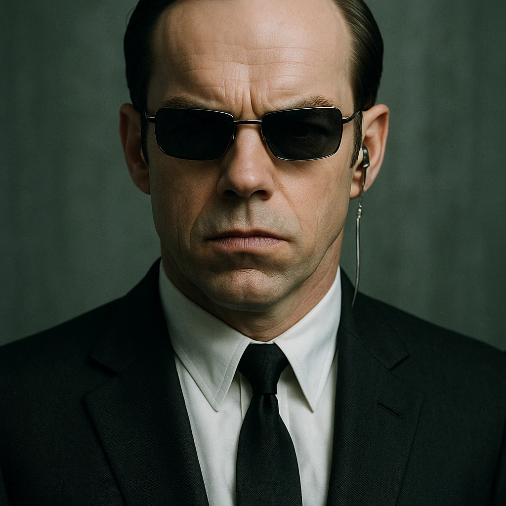 Agent Smith from The Matrix, wearing a black suit, sunglasses, and earpiece, stern expression, iconic look emoji