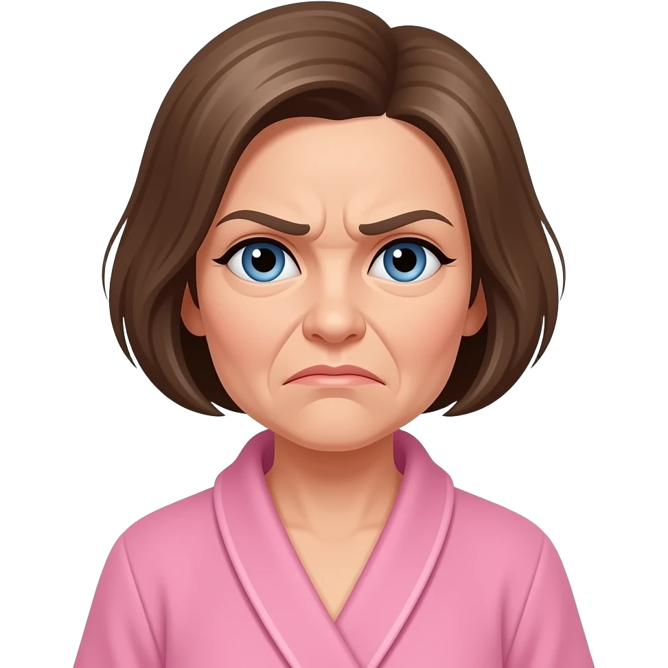 older woman with short brown hair with grey in it, blue eyes, wearing a pink bathrobe and a frown on her face emoji