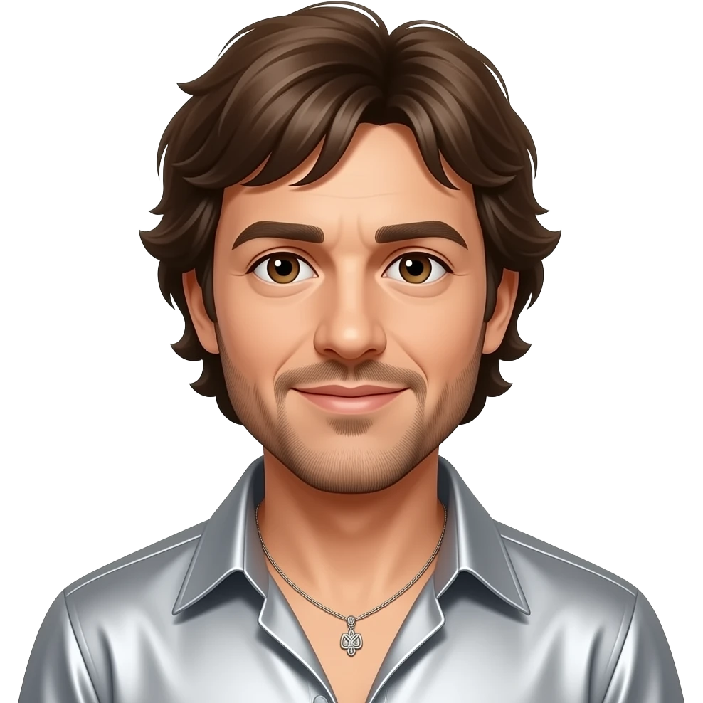 Maurice Gibb from Bee Gees with brown eyes, brown hair and short beard, silver metallic open shirt, necklace emoji