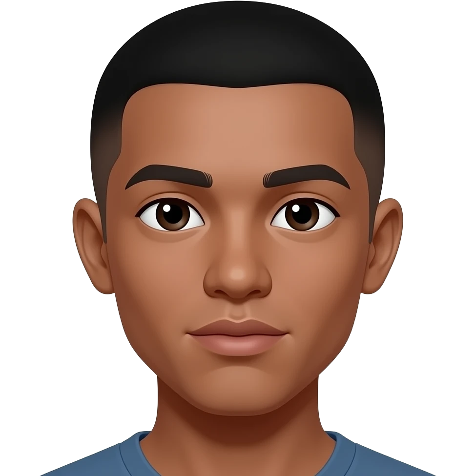 very dark skin, more asain eyes, male, staight fade haircut, thick lips, flat botton nose, teenager emoji