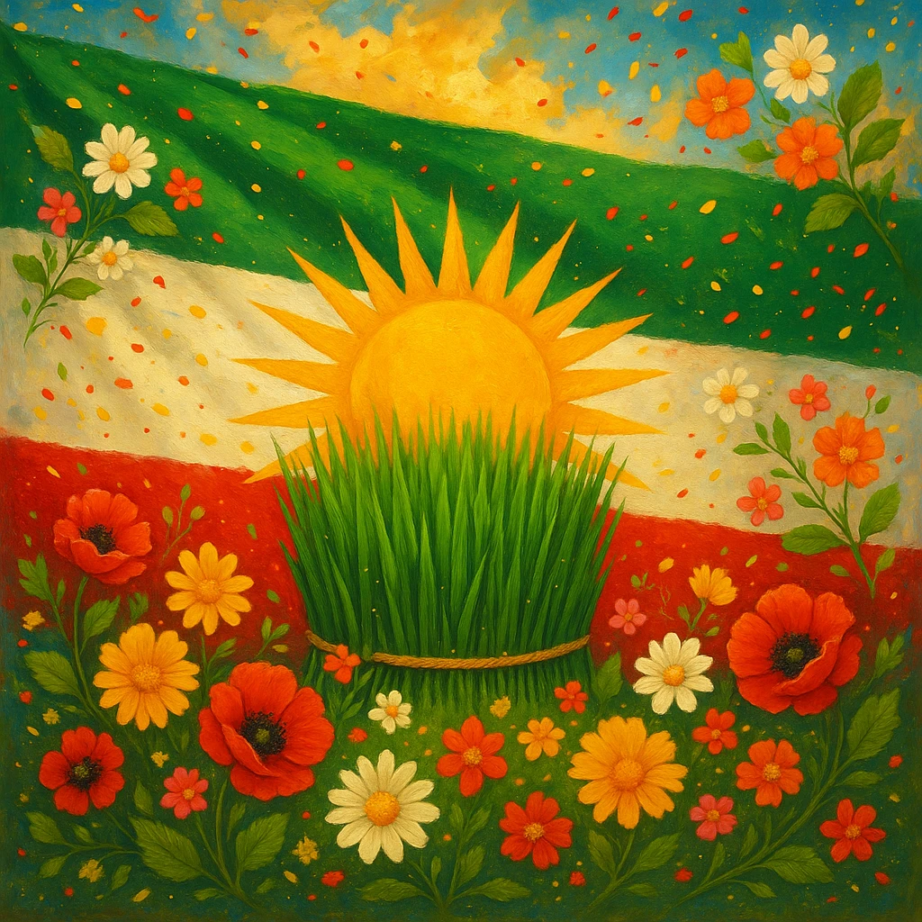 Kurdistan flag with Nowruz effect, featuring green, white, red colors and a yellow sun in the center of the flag, decorated with Nowruz elements like flowers, green grass, and festive atmosphere, vibrant and celebratory, detailed and colorful emoji