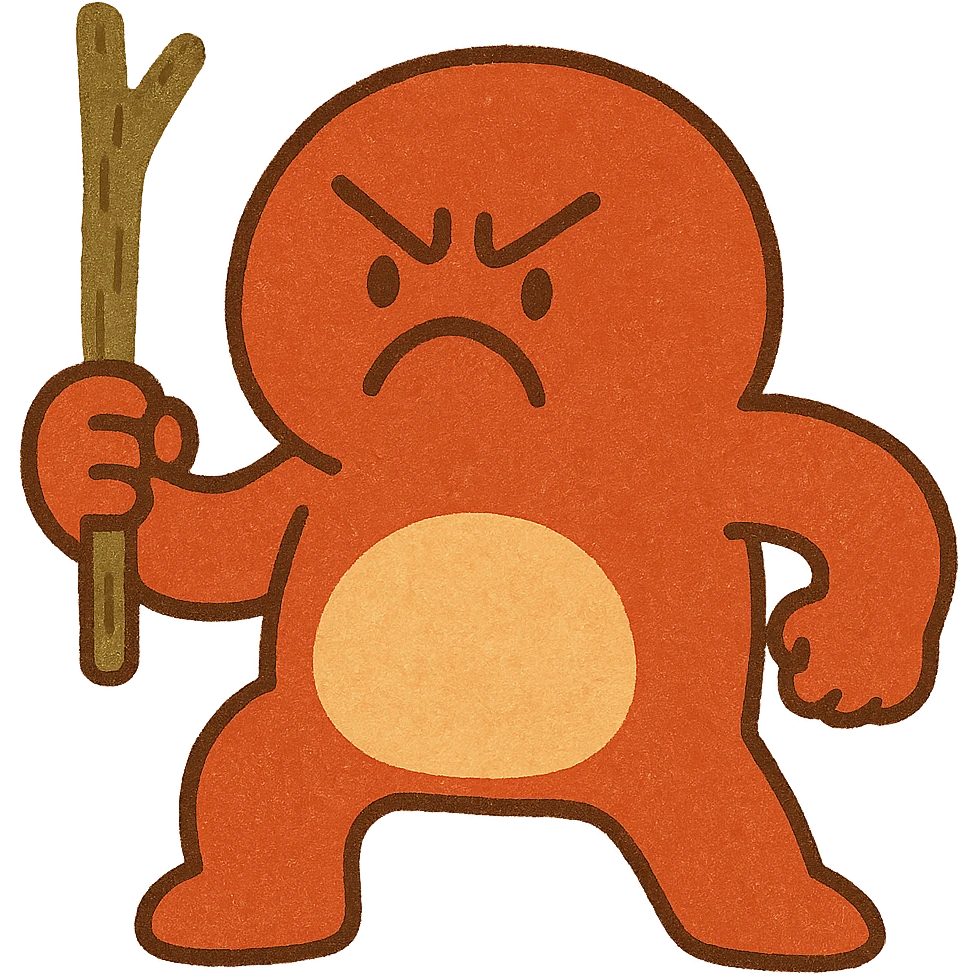 a little red guy who looks mad, holding a stick, fun and expressive style emoji