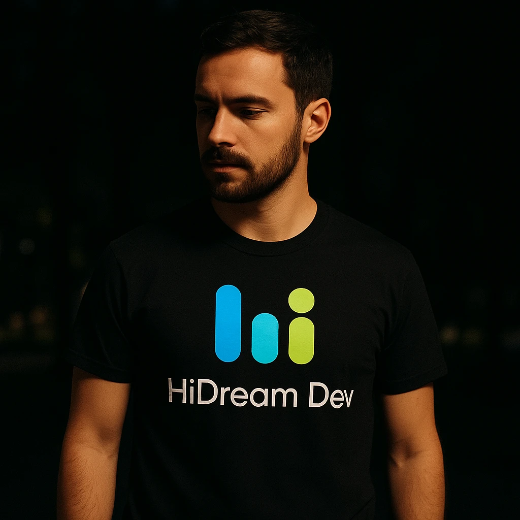 man wearing tshirt with this logo, dark night background with dim  emoji