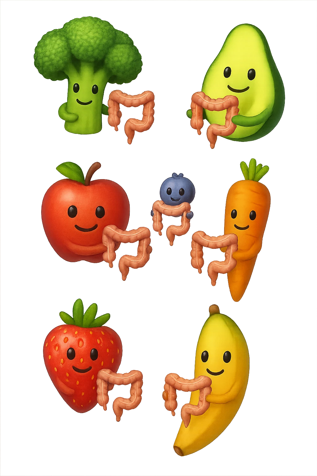 cibo sano fluttua in aria verticalmente stringendo piccoli colon umani, stile emoji iphone, iperrealistico 4k emoji